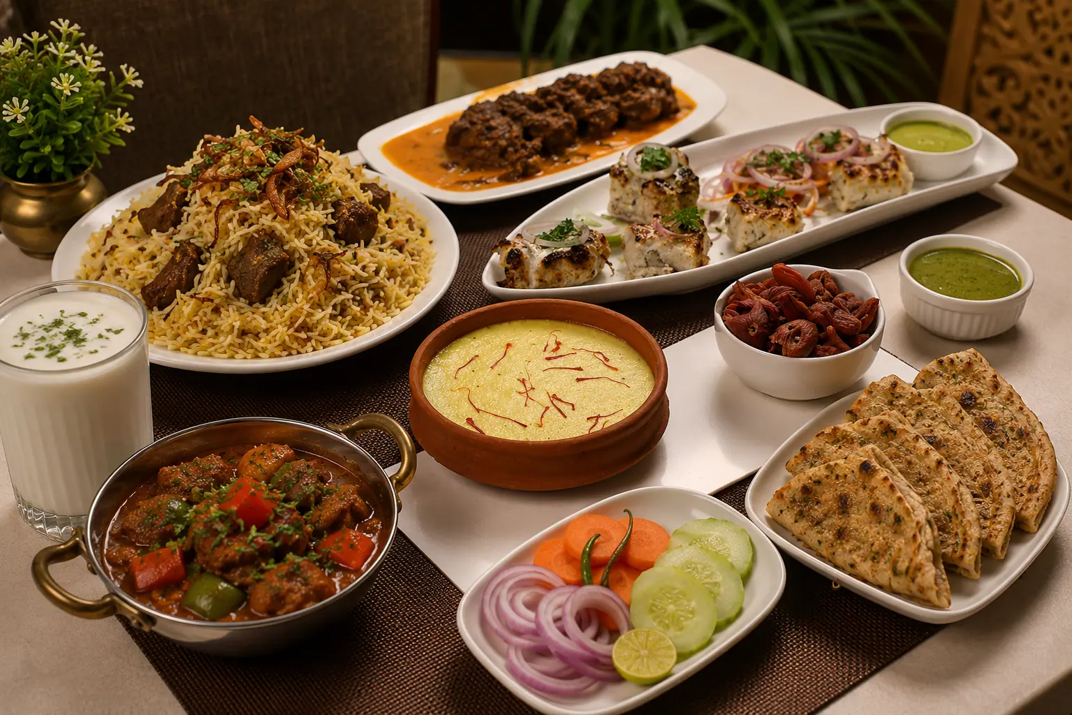 Royal feast platter of biryani, tikka, and breads