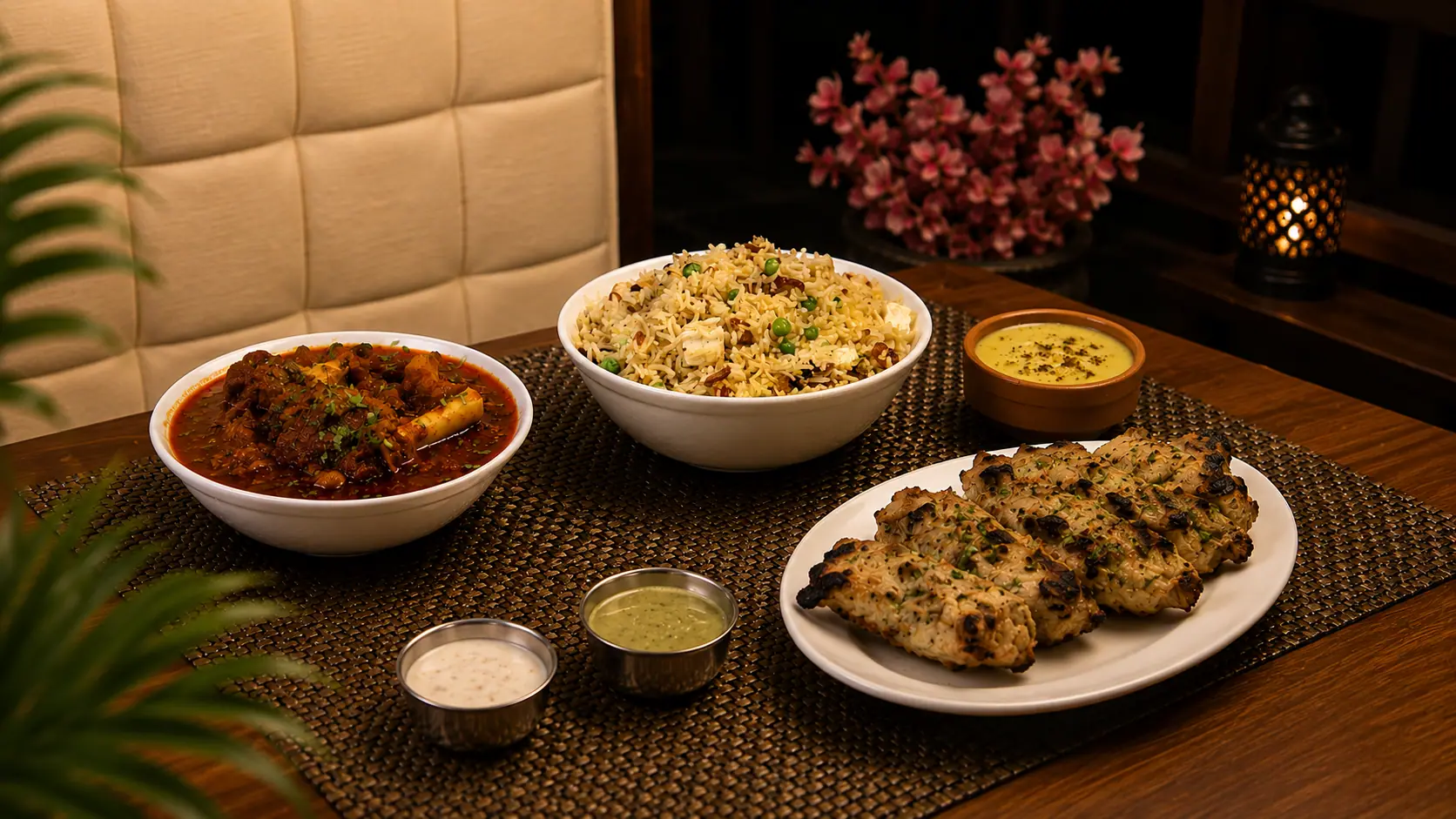 Kebabs, pulao, and rich Mughlai curry