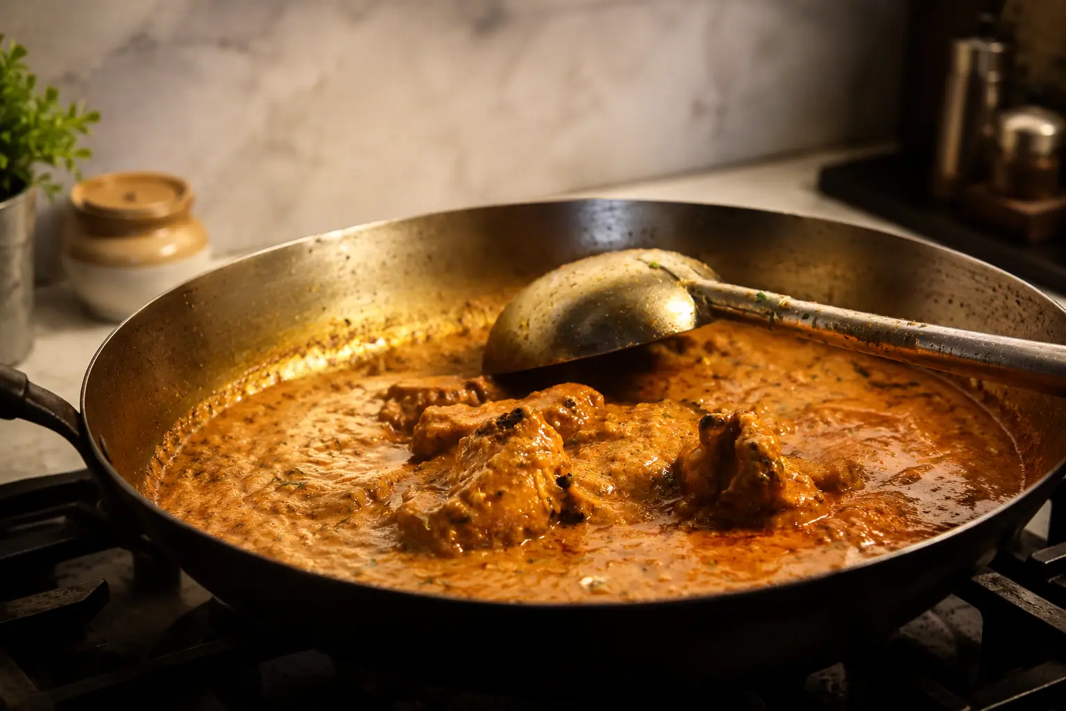 Slow-cooked Mughlai curry in a kadhai